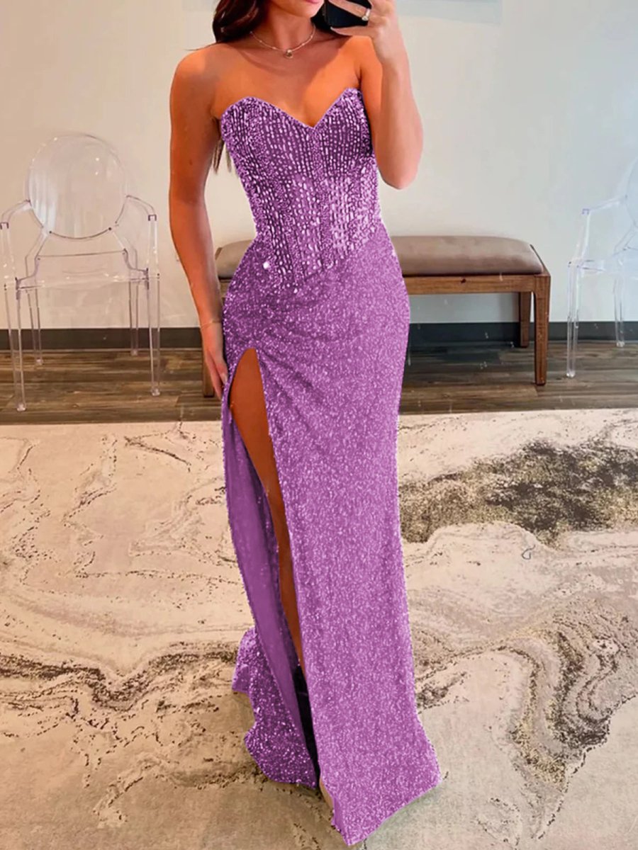 Sparkly Mermaid Strapless Corset Sequins Long Prom Dress with Slit