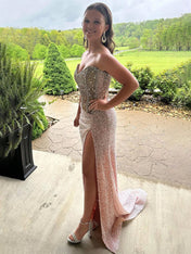 Sparkly Mermaid Strapless Corset Sequins Long Prom Dress with Slit