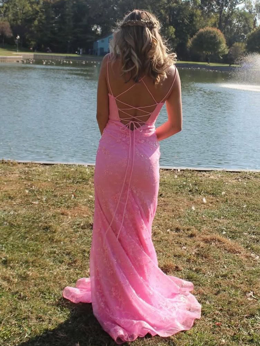 Sparkly Pink Spaghetti Strap Lace Prom Dress with Slit