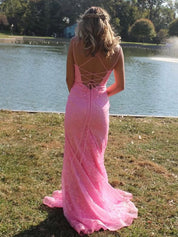 Sparkly Pink Spaghetti Strap Lace Prom Dress with Slit