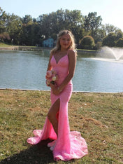 Sparkly Pink Spaghetti Strap Lace Prom Dress with Slit