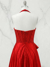 Sparkly Red A-Line Corset Prom Dress with Statement Bow