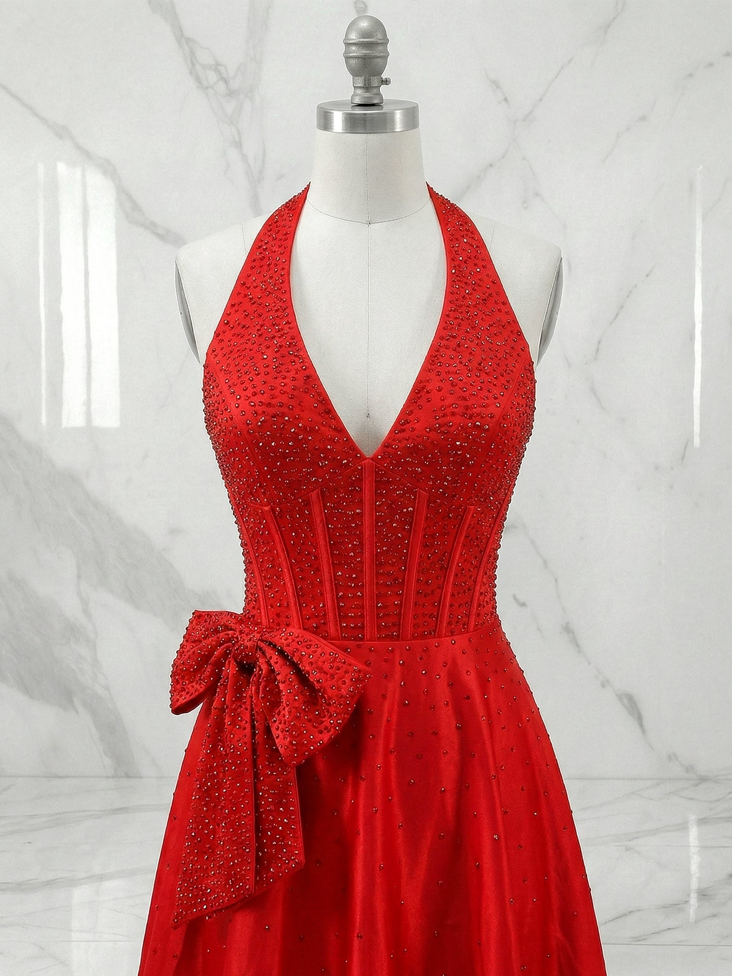 Sparkly Red A-Line Corset Prom Dress with Statement Bow