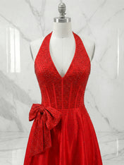 Sparkly Red A-Line Corset Prom Dress with Statement Bow