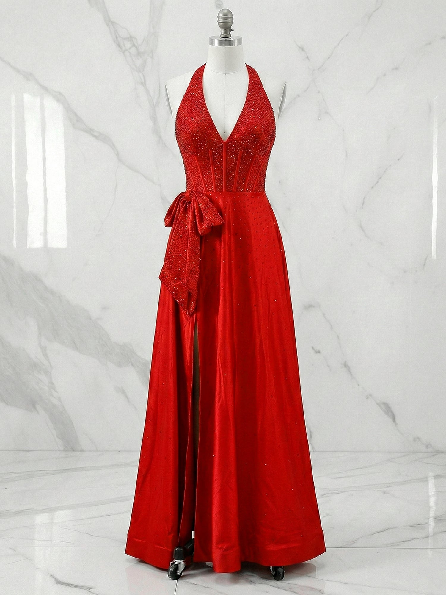 Sparkly Red A-Line Corset Prom Dress with Statement Bow