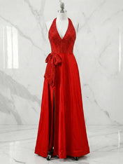 Sparkly Red A-Line Corset Prom Dress with Statement Bow