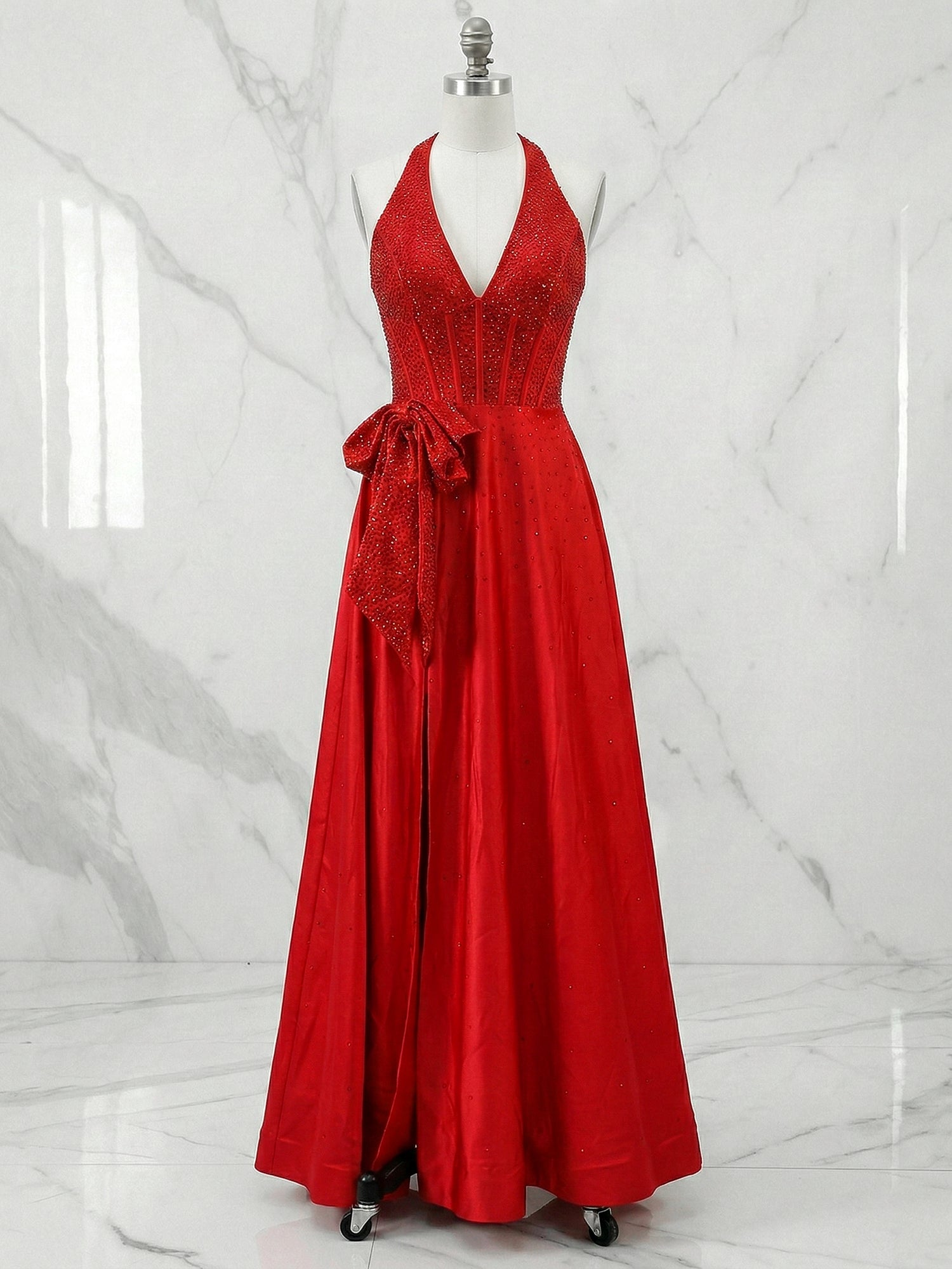 Sparkly Red A-Line Corset Prom Dress with Statement Bow