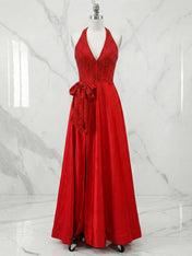 Sparkly Red A-Line Corset Prom Dress with Statement Bow