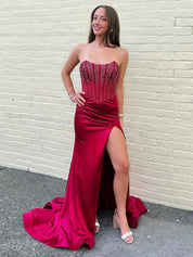 Sparkly Strapless Beaded Mermaid Long Corset Prom Dress with Slit