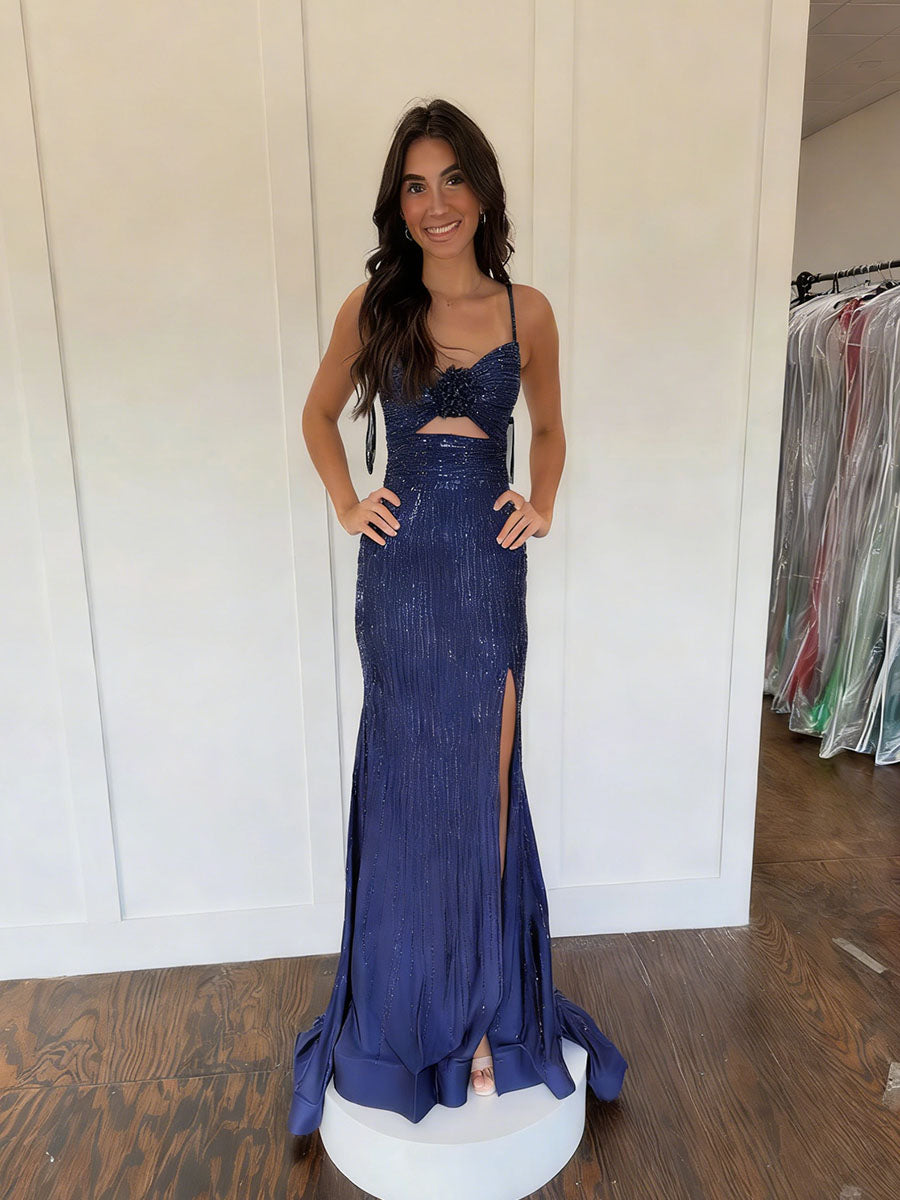 Navy Blue Linear Sequin Long Prom Dress with 3D Rosette
