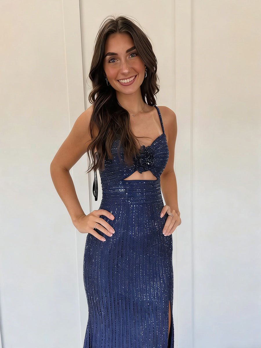 Navy Blue Linear Sequin Long Prom Dress with 3D Rosette