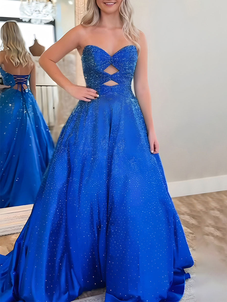 Dreamylily Prom Dress Sparkly A Line Cut Out Sweetheart Long Ball Gown
