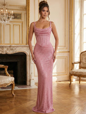 Sparkly Blue Shimmer Cowl Neck Corset Prom Dress