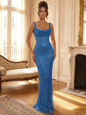 Sparkly Blue Shimmer Cowl Neck Corset Prom Dress