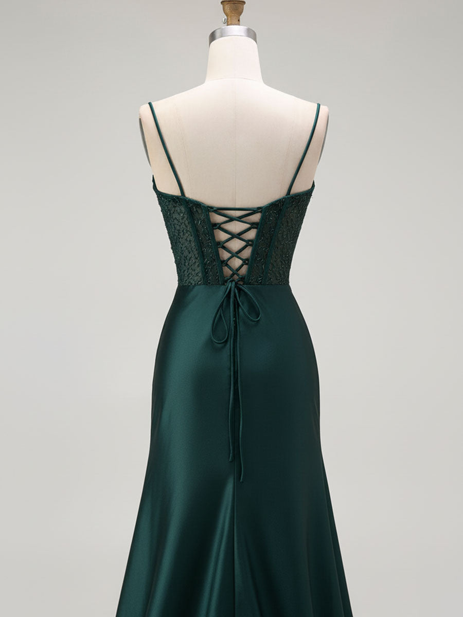 Sparkly Satin Mermaid Long Corset Prom Dress with Beading