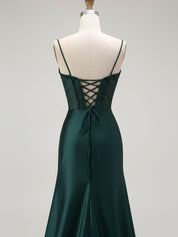 Sparkly Satin Mermaid Long Corset Prom Dress with Beading