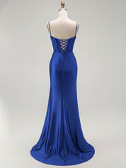 Sparkly Satin Mermaid Long Corset Prom Dress with Beading