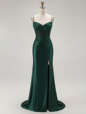Sparkly Satin Mermaid Long Corset Prom Dress with Beading
