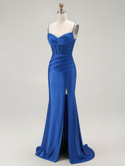 Sparkly Satin Mermaid Long Corset Prom Dress with Beading
