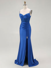 Sparkly Satin Mermaid Long Corset Prom Dress with Beading