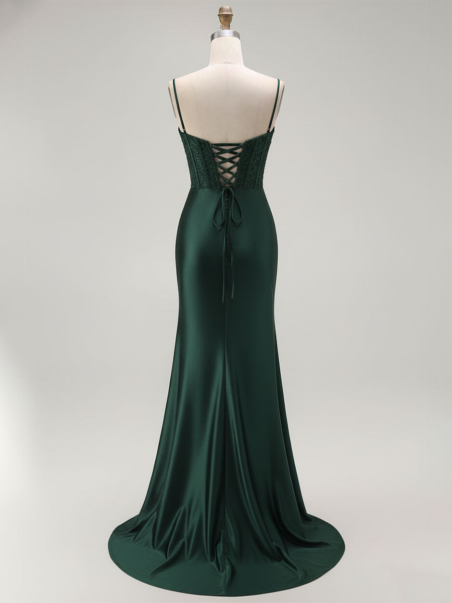 Sparkly Satin Mermaid Long Corset Prom Dress with Beading