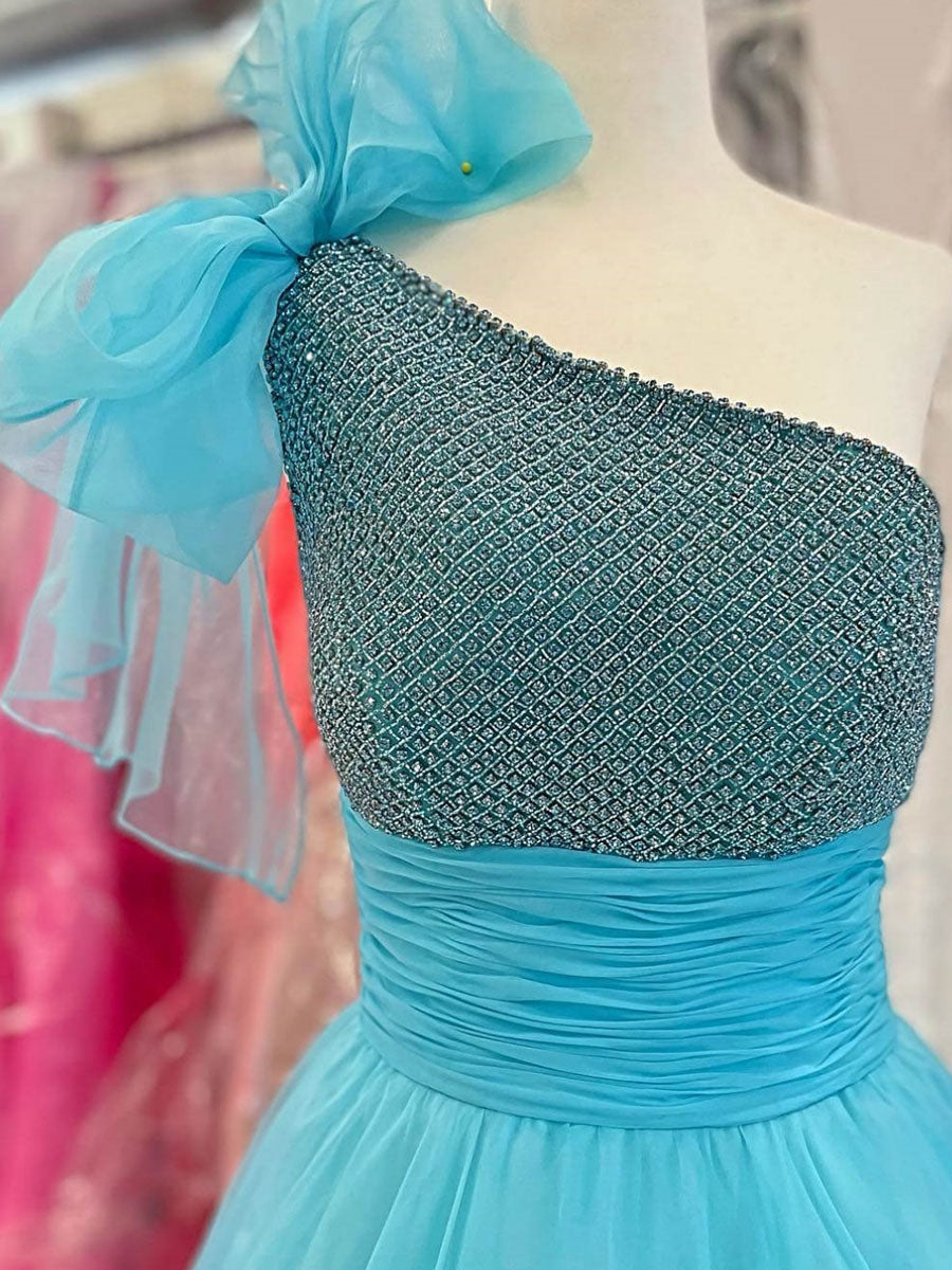 Sparkly A Line One Shoulder Long Prom Dress with Beading