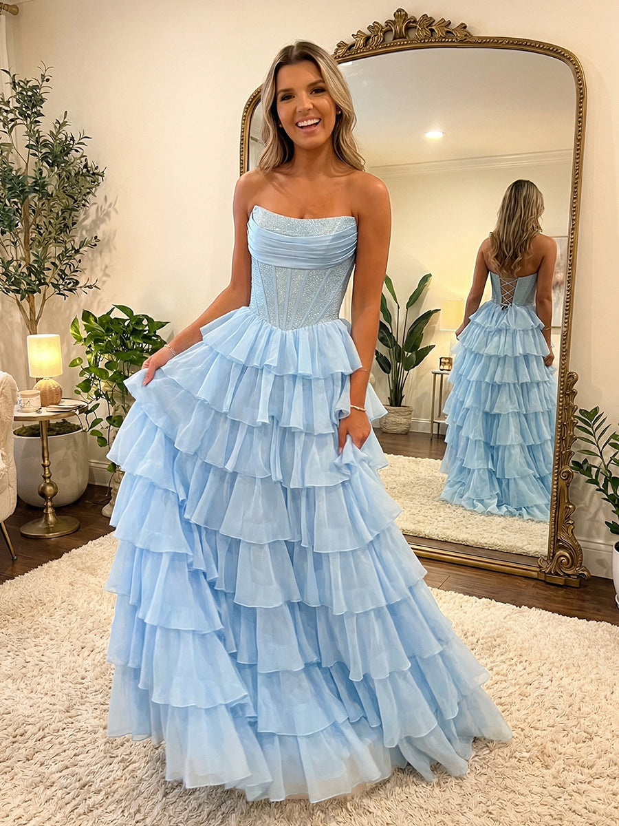 Sparkly Strapless A-Line Long Tiered Prom Dress with Slit