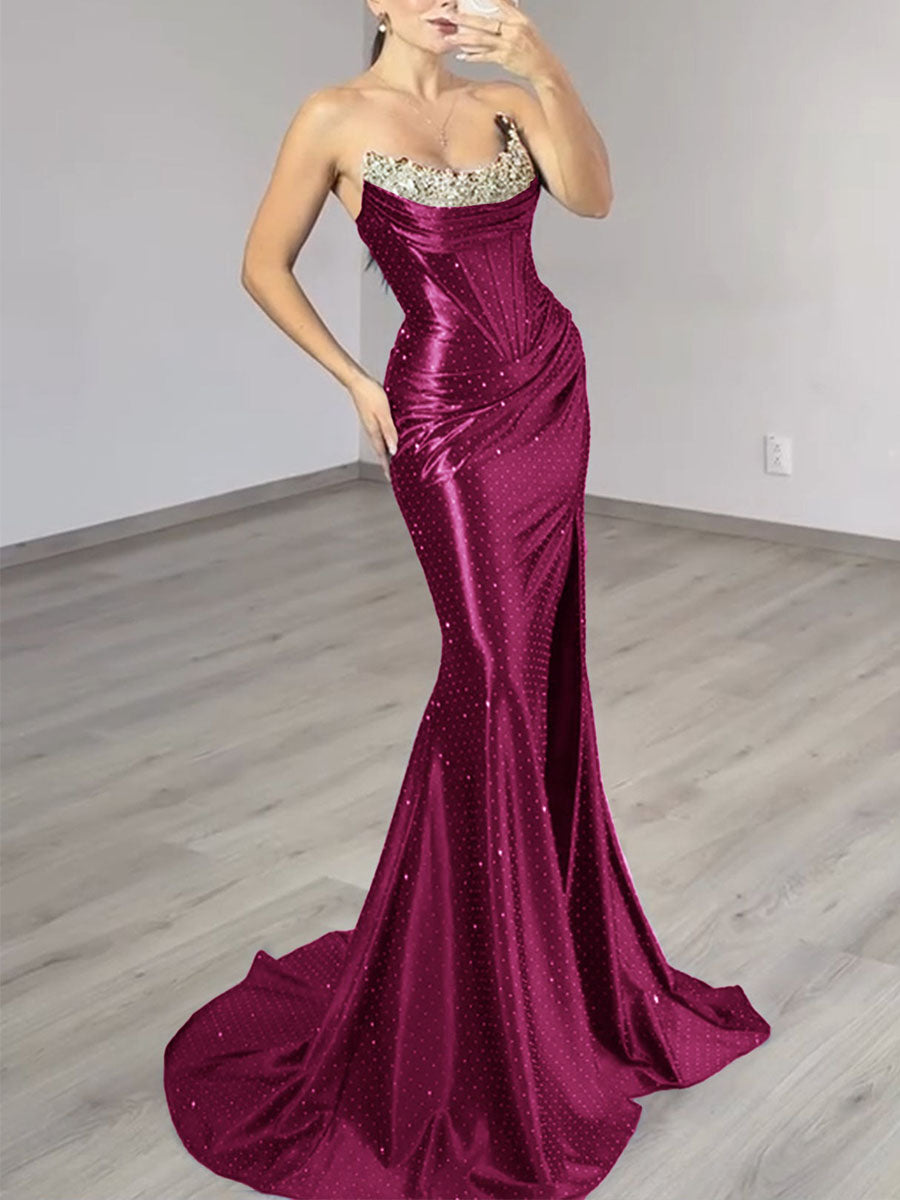 Sparkly Strapless Beaded Corset Satin Long Prom Dress
