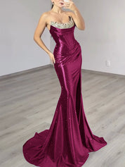 Sparkly Strapless Beaded Corset Satin Long Prom Dress