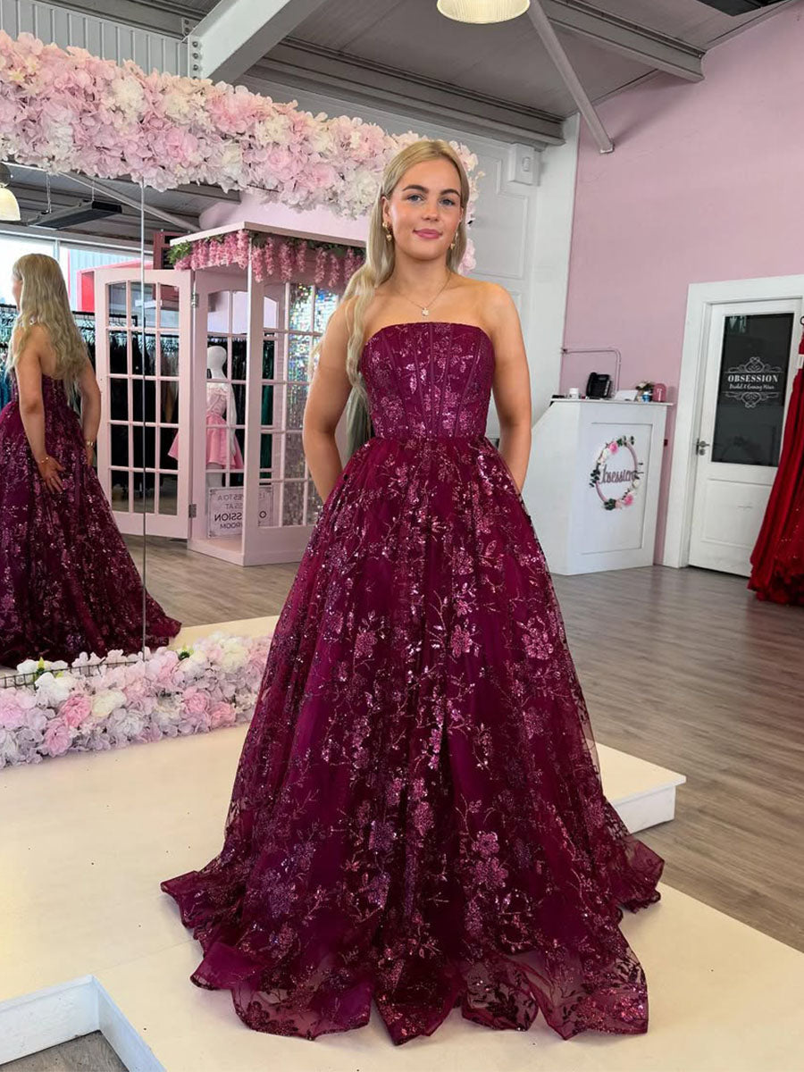 Sparkly Strapless Floral Long Prom Dress with Lace-Up Back