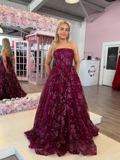 Sparkly Strapless Floral Long Prom Dress with Lace-Up Back