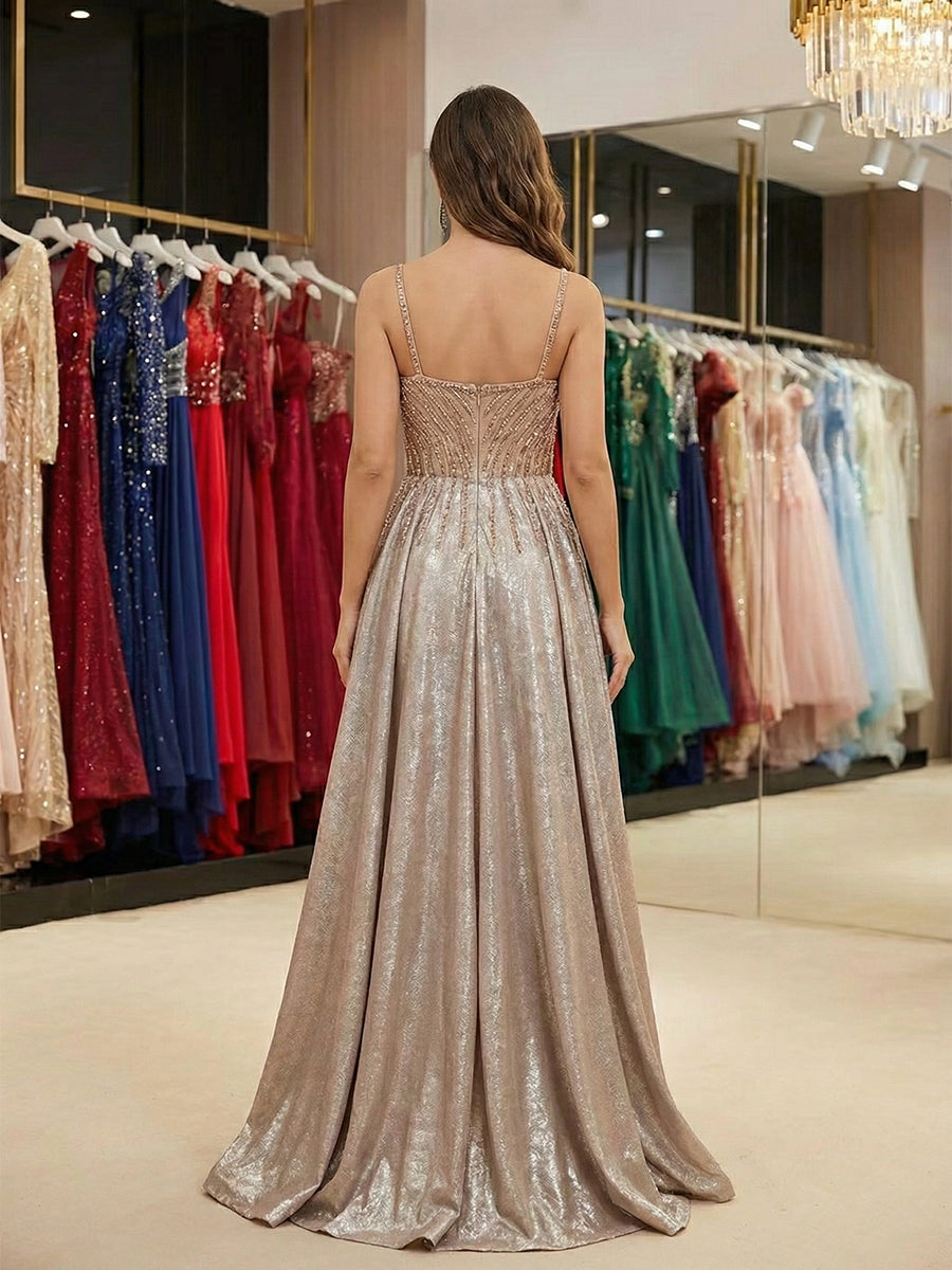 Sparkly Sweetheart Champagne Beaded A-Line Prom Dress