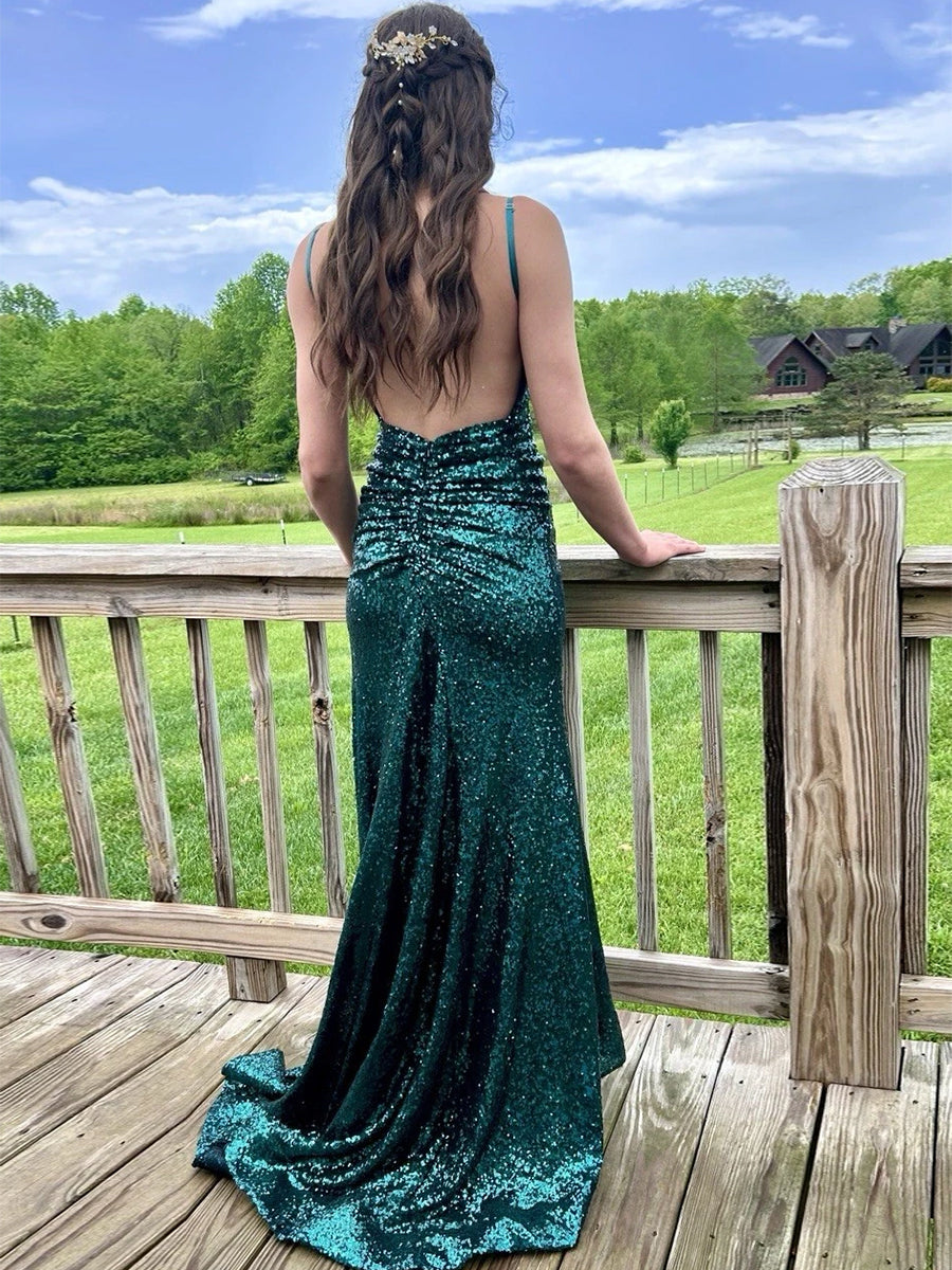 Sparkly V-Neck Sequined Mermaid Long Prom Dress with Slit