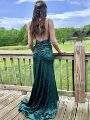 Sparkly V-Neck Sequined Mermaid Long Prom Dress with Slit