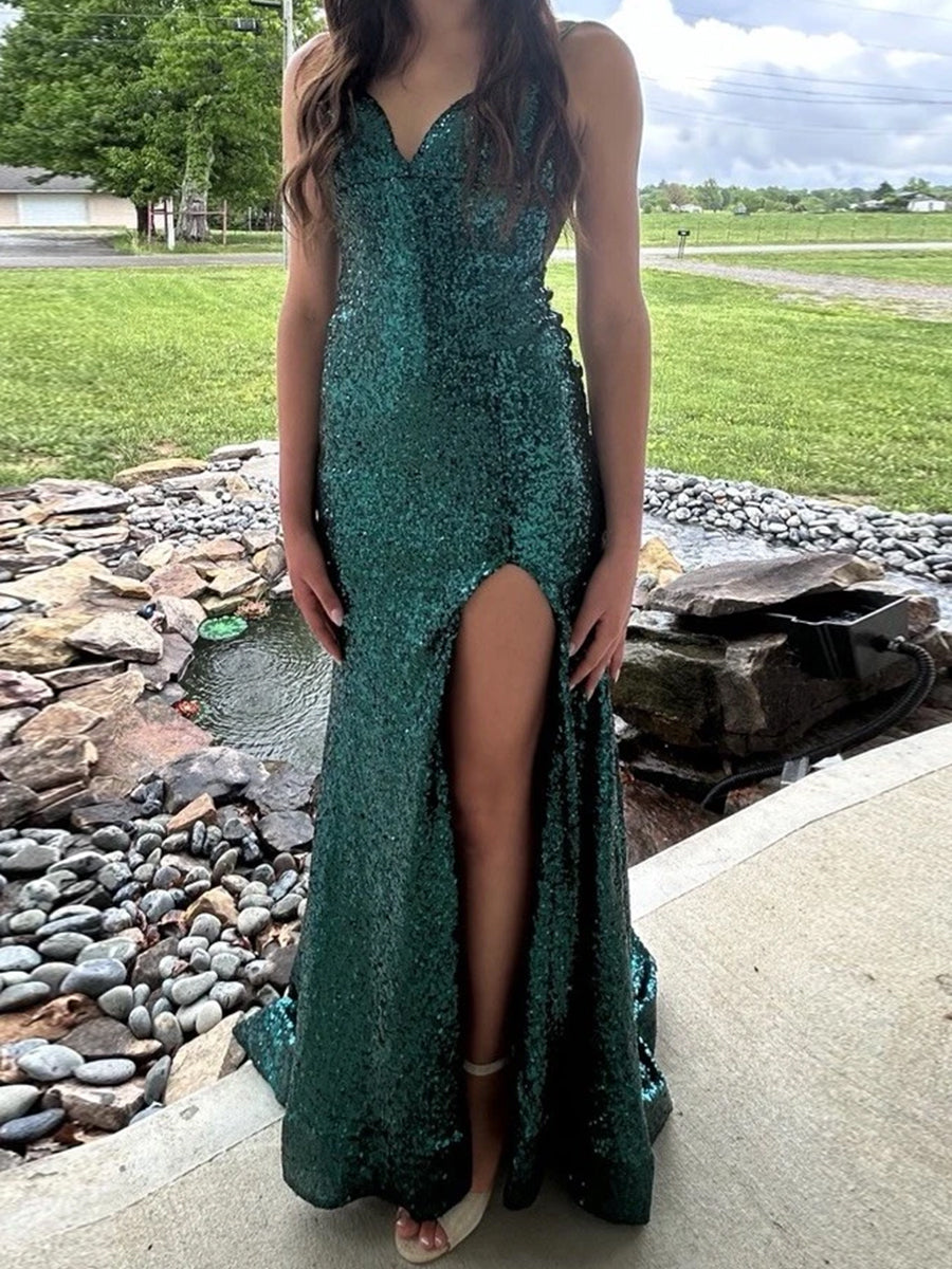 Sparkly V-Neck Sequined Mermaid Long Prom Dress with Slit