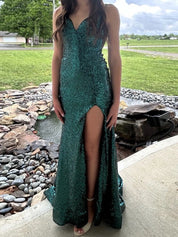 Sparkly V-Neck Sequined Mermaid Long Prom Dress with Slit