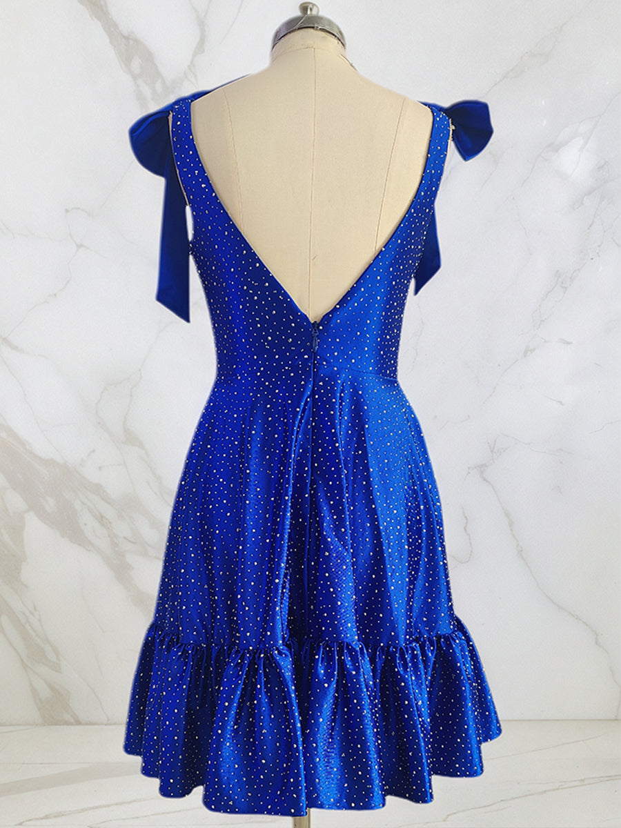 Dreamylily Women Sparkly Royal Blue A Line Short Beaded Homecoming Dress Dreamylily Women Sparkly Royal Blue A Line Short Beaded Homecoming Dress
