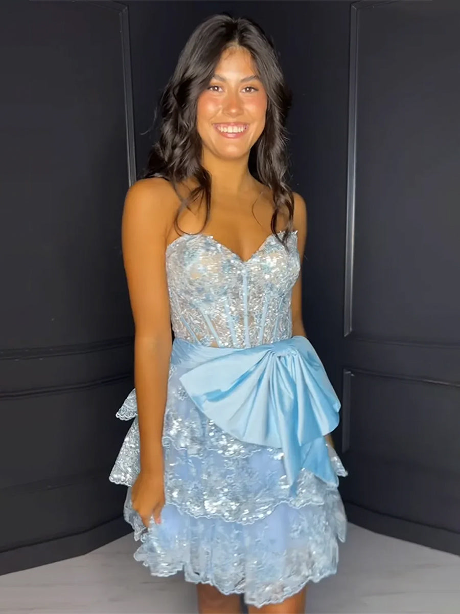 Sparkly A Line Sweetheart Corset Tiered Ruffle Homecoming Dress with Bows