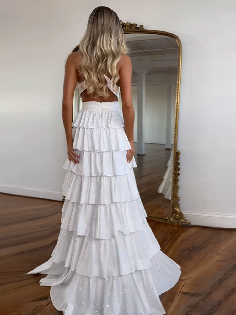 Sparkly A Line Tiered Beaded Corset Long Prom Dress with Slit