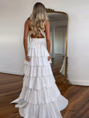 Sparkly A Line Tiered Beaded Corset Long Prom Dress with Slit