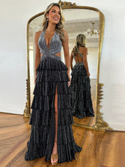 Sparkly A Line Tiered Beaded Corset Long Prom Dress with Slit