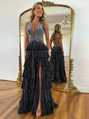 Sparkly A Line Tiered Beaded Corset Long Prom Dress with Slit
