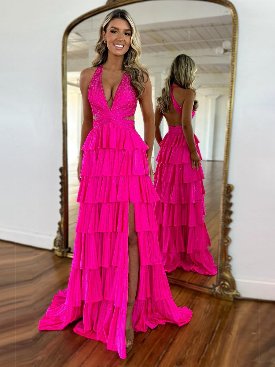 Sparkly A Line Tiered Beaded Corset Long Prom Dress with Slit