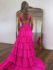 Sparkly A Line Tiered Beaded Corset Long Prom Dress with Slit