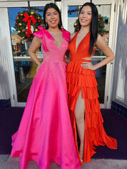 Sparkly A Line Tiered Beaded Corset Long Prom Dress with Slit