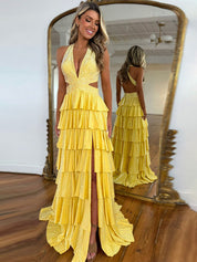 Sparkly A Line Tiered Beaded Corset Long Prom Dress with Slit