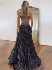 Sparkly A Line Tiered Beaded Corset Long Prom Dress with Slit