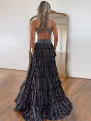 Sparkly A Line Tiered Beaded Corset Long Prom Dress with Slit