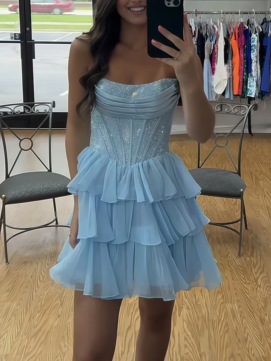 Sparkly A Line Tiered Short Beaded Homecoming Dress with Ruffles