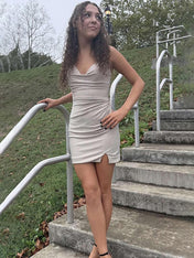 Sparkly Apricot Tight Short Beaded Homecoming Dress with Slit